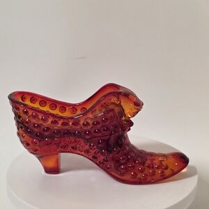Vintage Fenton Amberina Red Orange Hobnail Cat Head Shoe Cadmium Glow